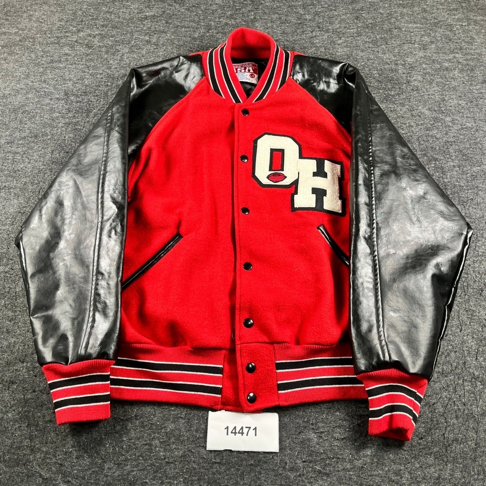 Awards Varsity Jacket Mens Large Red Wool Long Sleeve Zipper Pockets Snap Front